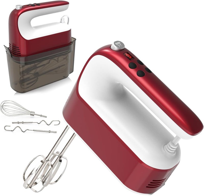 Yomelo 9-Speed Digital Hand Mixer Electric, 400W Powerful DC Motor, Hand Mixer Electric Handheld with Snap-On Storage Case, 5 Stainless Steel Accessories, Beaters, Dough Hooks, Whisk(Red/White) - Image 1